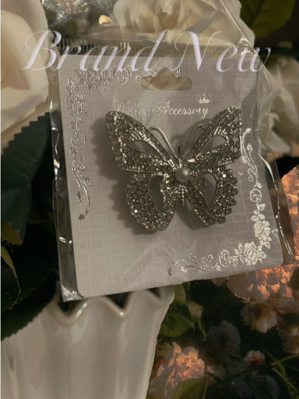 Chloe Accessory Silver Crystal Butterfly Brooch Pin with Pearlescent Accent